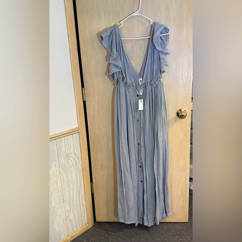 Blue Grey Ruffle Maxi Dress Boho - Picture 2 of 7